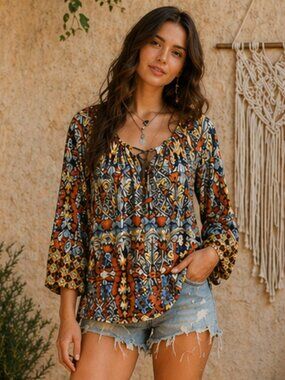 Olive Hill Boho Blouse Colorful Print Flowy Long Sleeve Medium